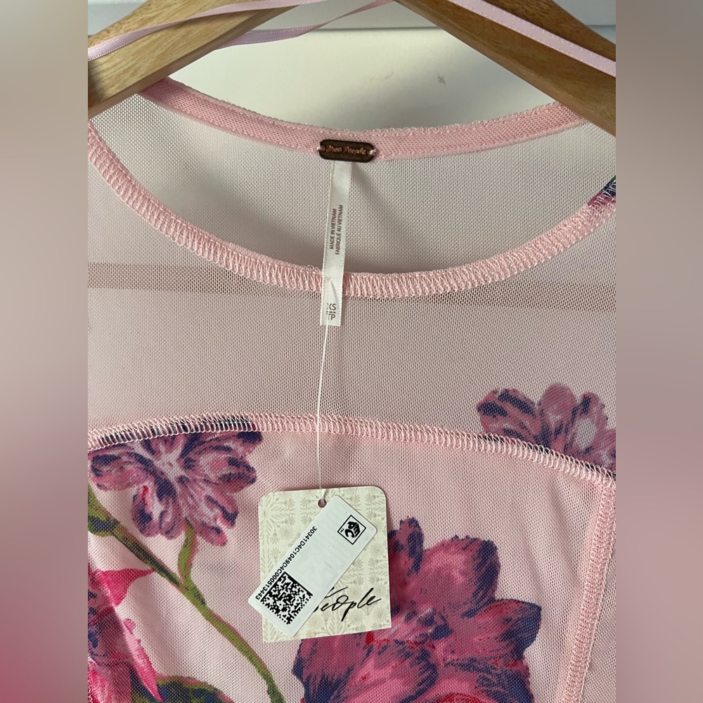 Free People Bettys Garden Mesh Top XS Pink Floral Sheer Long Sleeve Tee - Picture 6 of 9